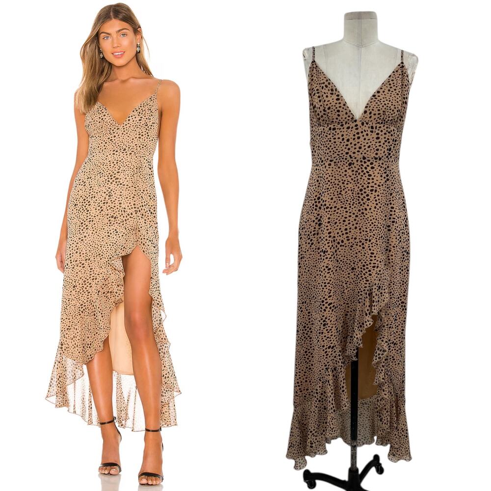 Majorelle Loreto Dress Long Side Slit Ruffle Natural Leopard Print Size Medium